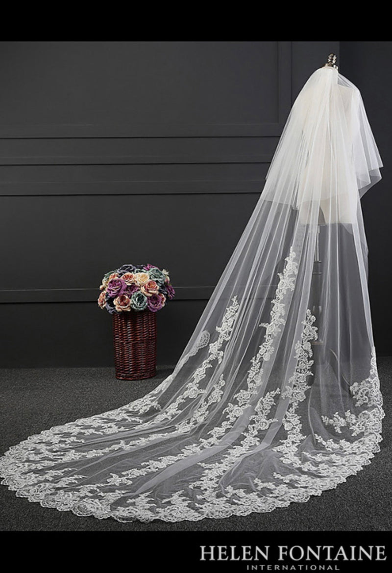 Helen Fontaine Veil #12, Single tier, cathedral length ivory tulle wedding veil with lace appliqués and metal comb, Lace Edge, Lace Appliques, One layer, Metal comb