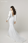 Crepe mermaid dress, v neck front and v neck back. Long gigot sleeves