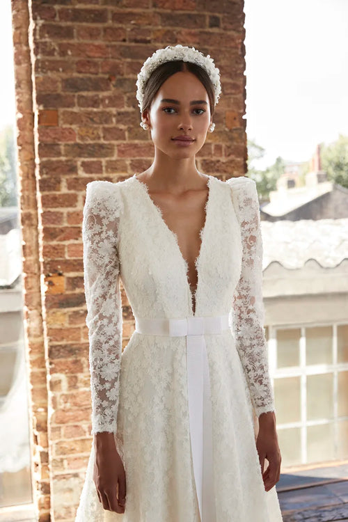 Aline plunge v neck lace wedding dress with puff sleeves