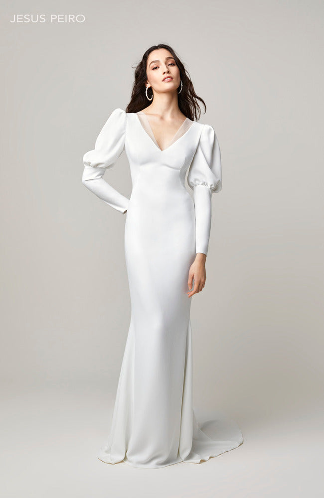 Crepe mermaid dress, v neck front and v neck back. Long gigot sleeves