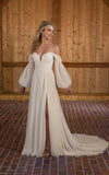 Chiffon aline wedding dress with detachable off the shoulder sleeves for two looks in one