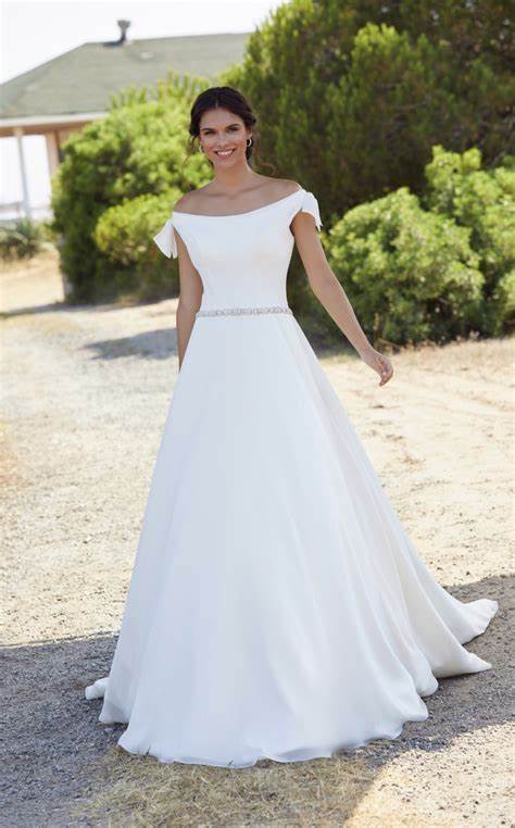 chiffon and soft satin off the shoulder ballgown with sparkle beaded belt.