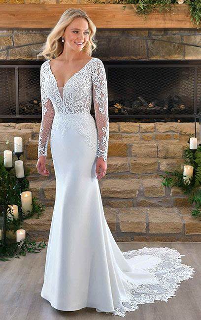 Crepe and lace wedding dress with lace sleeves and dramatic train