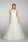 Mikado organza trumpet bridal gown with full tulle overlay, lace halter bodice over sweetheart neckline