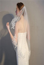 Helen Fontaine Veil #TSD31007 Single tier, fingertip length tulle wedding veil with lace appliqués and sequins7