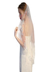 Helen Fontaine Veil #TSD31007 Single tier, fingertip length tulle wedding veil with lace appliqués and sequins