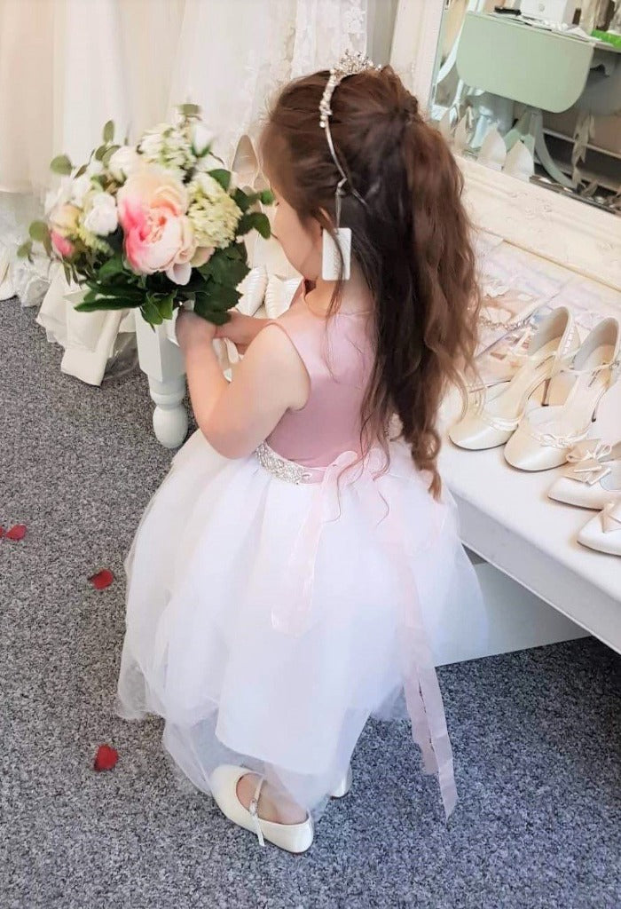 Exclusive to Your Little Secret! Gorgeous bespoke flower girl dresses with handkerchief tulle skirt. 