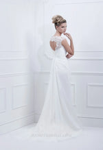 Ellis Bridal 19010 gorgeous sweetheart neckline, chiffon wedding gown. Stunning a-line silhouette with cap sleeves. Stunning keyhole lace back