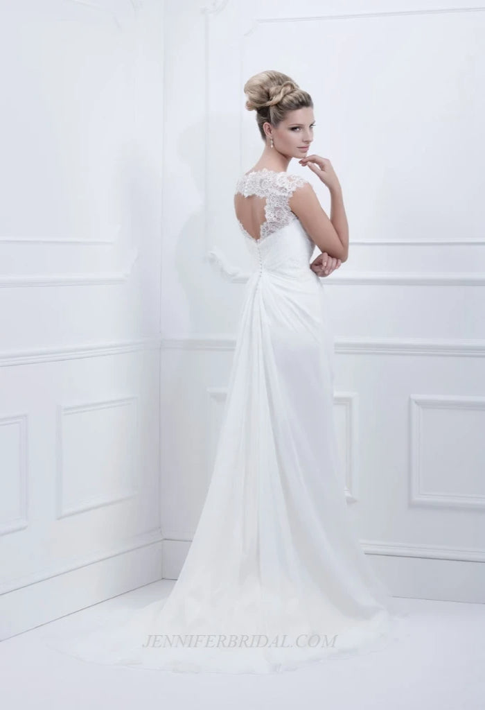 Ellis Bridal 19010 gorgeous sweetheart neckline, chiffon wedding gown. Stunning a-line silhouette with cap sleeves. Stunning keyhole lace back