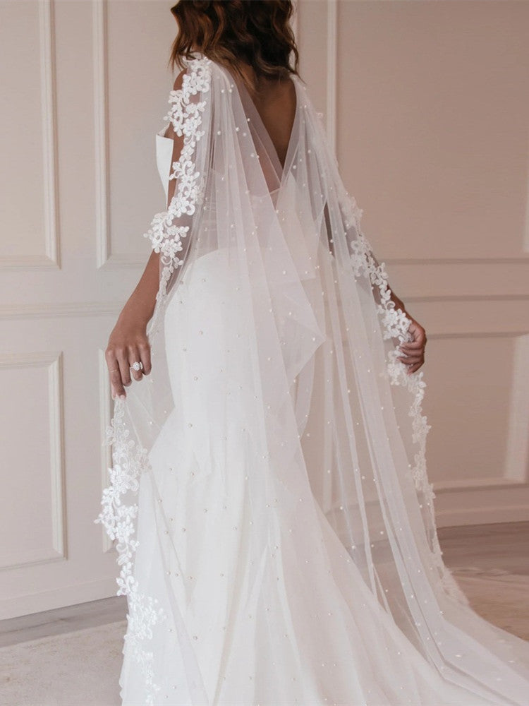 Adela Bridal Shoulder Cape VL6201 Beautiful detachable shoulder cape with lace edge and scattered pearls and cowl back