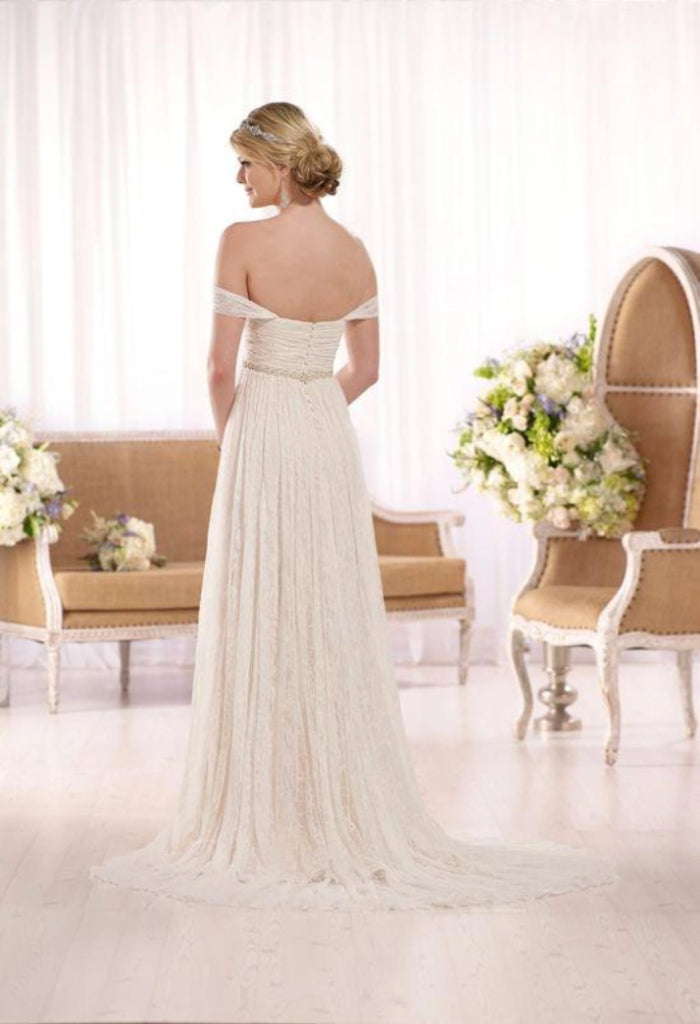 Essense of Australia  D1982 is a full lace a-line bridal gown with off the shoulder straps and pretty sparkle belt. Soft and free spirited, perfect for a relaxed rustic wedding