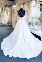 Stunning Alfred Angelo 3006, beautiful princess style, taffeta wedding gown with delicate straps and embellished waist detail. Stunning, low, cross back design and chapel length train and sweetheart neckline