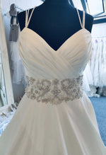 Stunning Alfred Angelo 3006, beautiful princess style, taffeta wedding gown with delicate straps and embellished waist detail. Stunning, low, cross back design and chapel length train and sweetheart neckline