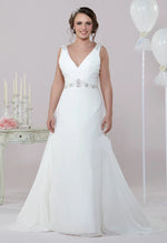 Alexia Designs D017, gorgeous v-neck, chiffon wedding gown. Stunning a-line silhouette with intricate, beaded waist and shoulder details. Stunning cowl back.