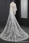 Helen Fontaine Veil #12, Single tier, cathedral length ivory tulle wedding veil with lace appliqués and metal comb, Lace Edge, Lace Appliques, One layer, Metal comb