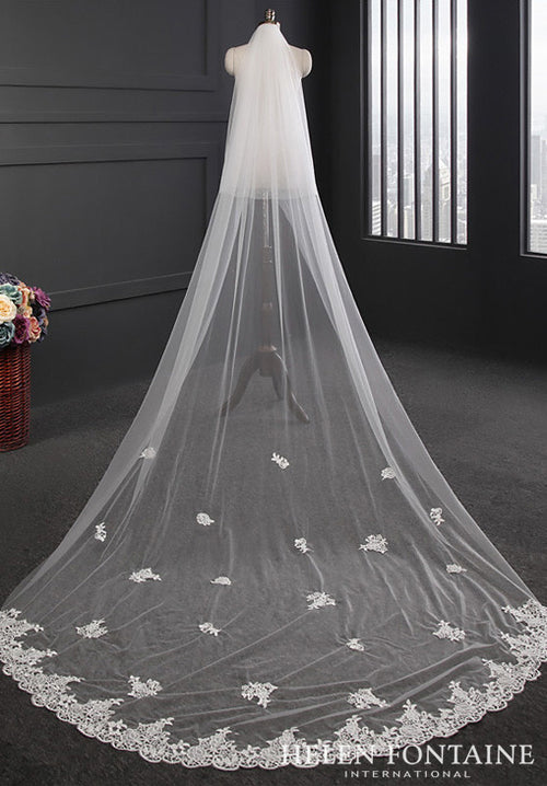 Helen Fontaine Veil #23 cathedral two tier tulle lace edge ivory wedding veil with comb, Tulle, Lace Edge, Lace Appliques, Long layer length 300cm, Short layer length 80cm, 150cm width, Two layer, Metal comb