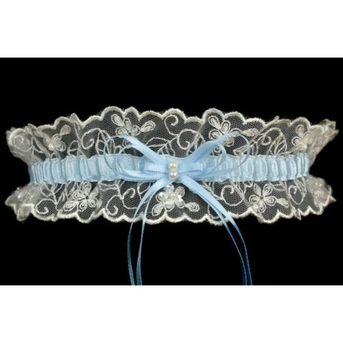 Ivory lace garter with  blue ribbon and pearl centre