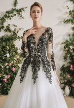 Adela Designs WD2037, a stunning tulle and embroidered lace, black and white, long sleeve ballgown 