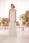 Essense of Australia  D1982 is a full lace a-line bridal gown with off the shoulder straps and pretty sparkle belt. Soft and free spirited, perfect for a relaxed rustic wedding