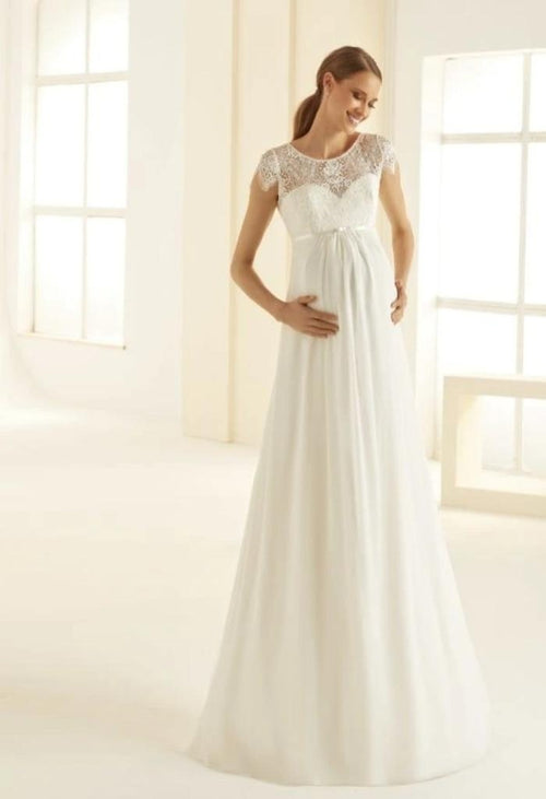 Bianco Evento Bernadette Stunning maternity wedding dress made from high-quality lace and chiffon