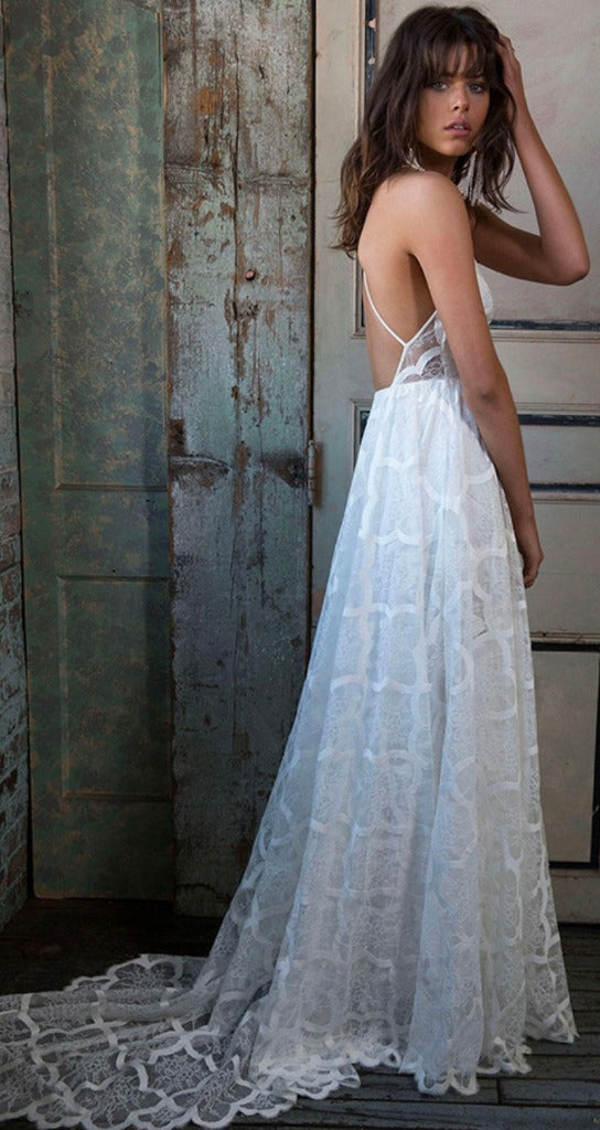 Grace Loves Lace Harriet gorgeous halter neck, lace wedding gown. Stunning a-line silhouette with shoe string cross over back.