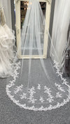 Helen Fontaine veil #03 Single tier, cathedral length ivory tulle wedding veil with lace appliqués and metal comb, Lace Edge, Lace Appliques, 300cm, 180cm, One layer, Metal comb